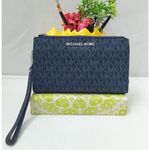 Michael Kors Blue Leather MK Printed Credit Card Wristlet Bifold Wallet - EUC